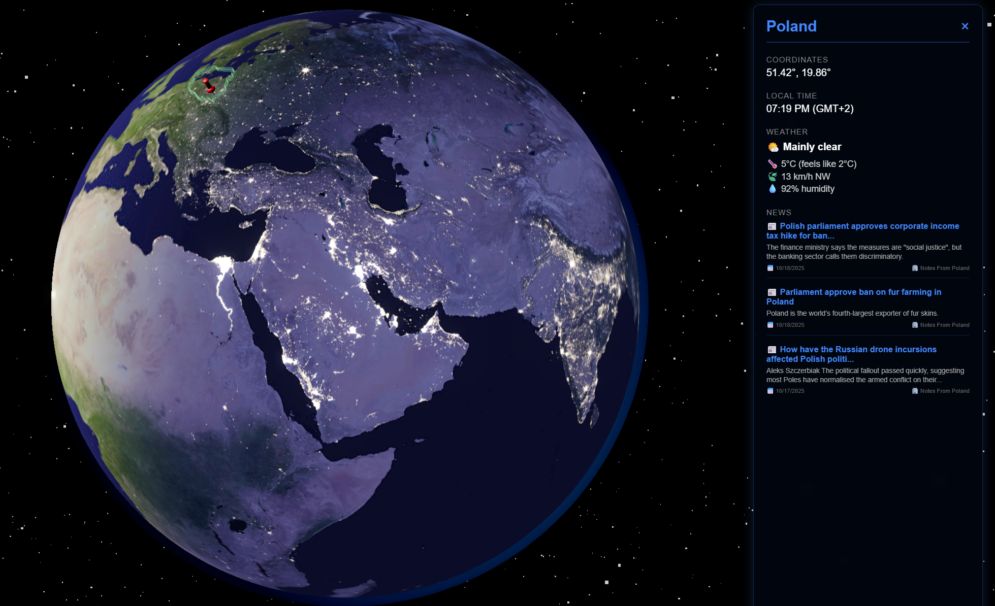 3D Globe visualization app screenshot