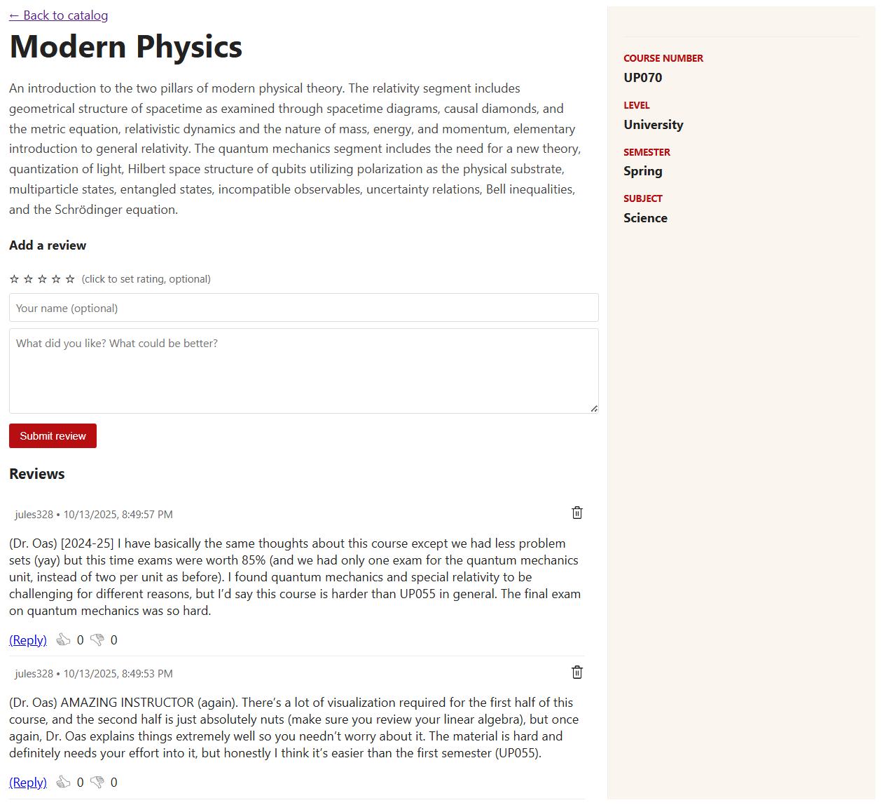 Course reviews site screenshot